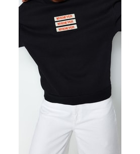 Bisiklet Yaka Düşük Kol Kalın İçi Polarlı Slogan Nakışlı Rahat Kalıp Örme Sweatshirt