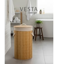 Doğal Bambu Yuvarlak Katlanabilir Kirli Çamaşır Sepeti - 50 Litre, Geniş Hacimli - Şık Tasarım