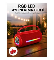 Mey İthalat® 360 RGB LED'li Taşınabilir Bluetooth Hoparlör – Kırmızı, USB/TF Destekli