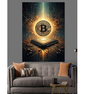 Devre Kartı Üzerinde Bitcoin Logosu Dekoratif Kanvas - Mdf Ahşap Tablo