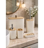 Bambu Kapaklı Çizgili Dikdörtgen 5 Parça Banyo Seti, Krem, 21 x 19 x 24 cm.