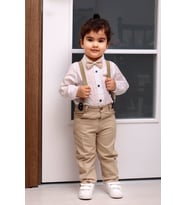 1-4 Yaş Erkek Çocuk Bej Pantolon Gömlek Papyon Salopet Takım