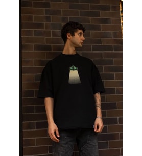 Erkek Kısa Kol Yazlık Tişört Bisiklet Yaka Baskılı Oversize T-Shirt - Siyah