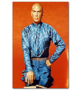 Cakatablo Yul Brynner Mavi Parlak Elbiseli Kırmızı Arkaplan MDF Tablo