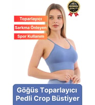 Göğüs Toparlayıcı Sarkma Önleyen Gündelik Spor Kullanım İnce İp Askılı Pedli Çizgili Crop Büstiyer (Mavi)