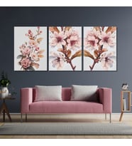 3'lü Kanvas Duvar Tablosu Pastel Pembe Dalında Çiçekler