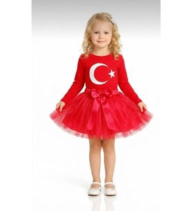 Kız Çocuk 23 Nisan 29 Ekim Gösteri Kıyafeti Kırmızı UzunKol Ayyıldız T-shirt KırmızıTütü Etek Takım