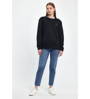 Kadın Bisiklet Yaka Rahat Kalıp 3 iplik Kalın Air Nakışlı Sweatshirt SPR24SWK33 (Siyah)