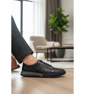 Enoch Hakiki Deri Siyah Düz Taban Erkek Sneaker Ortopedik Taban