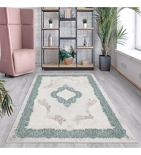 Yeşil Çerçeve Osmanlı Motifler Yıkanabilir Kaymaz Taban Leke Tutmaz Modern Salon Halısı ve Yolluk