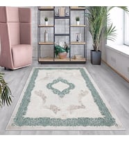 Yeşil Çerçeve Osmanlı Motifler Yıkanabilir Kaymaz Taban Leke Tutmaz Modern Salon Halısı ve Yolluk
