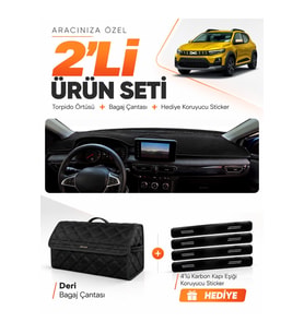 DACIA SANDERO (2022-2026) EKRANLI Uyumlu Torpido Örtüsü + Deri Bagaj Çantası + Sticker Seti - Siyah