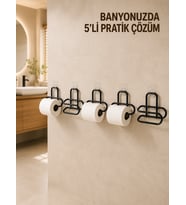Mey İthalat® 5 Adet Duvara Yapışkanlı WC Kağıtlık Delmeden Montaj Siyah Metal Tuvalet Kağıdı Askısı