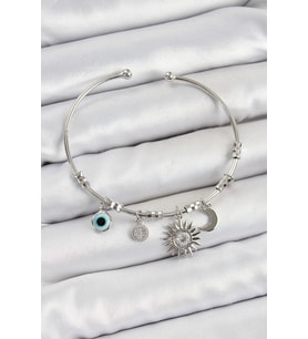 Pirinç Zirkon Taşlı Güneş Ay Ve Nazar Model Gümüş Renk Charm Bileklik 5886 - SSSSSS9388-561