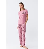 pilelistore- Kadın Somon Kalp Desenli Kısa Kollu Penye Pijama Takımı (Pembe)