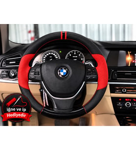BMW X5 E70 Dikme Direksiyon Kılıfı Parlak Siyah Kırmızı Detaylı Kırmızı Çift Yüzük ve Dikiş 2006-2013
