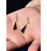 925 Ayar Gümüş Gold Kaplama Siyah Mineli Geometrik Şekilli Küpe