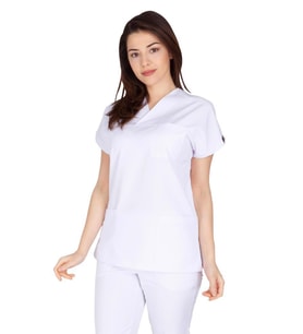 Kadın Doktor Hemşire Forması Scrubs Alpaka Kumaş Hastane Nöbet Tek Üst (Zarf Yak (Beyaz)