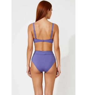 Kadın Bikini Takımı Balconette Balenli Sabit Kap Yüksek Bel Hipster Nervürlü Düz Desen Kolsuz Örme