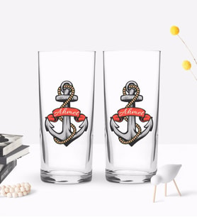 BK Gift Kişiye Özel Renkli Baskılı Çapa Tasarımlı İkili Rakı Bardağı Seti-3 (Beyaz)