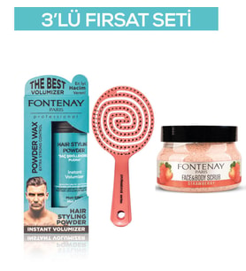 Fontenay Pudra Toz Wax Mavi 20gr + 3 Boyutlu Saç Fırçası + Face And Body Scrub Çilekli 350ml 3'LüSet