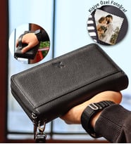 Kişiye Özel Fotoğraflı Hakiki Deri Fermuarlı Unisex Portföy Cüzdan (Siyah)