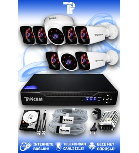 PICAM 8 Kameralı Kare 2 İç Kamera Set 100 GB HDD Full HD Gece Görüşlü Güvenlik Kamerası Sistemi