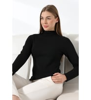 Lago Kadın Ultra Soft Touch Içe Kıvrık Yarım Balıkçı Uzun Kollu Bluz & Top & Kazak - (Siyah)