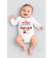 İlk 29 Ekim Cumhuriyet Bayramım Baskılı Bebek Çıtçıtlı Body Uzun Kollu %100 Pamuk Unisex Zıbın Badi
