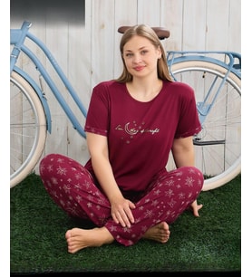 Pijamoni Kadın Milan Büyük Beden Bisiklet Yaka Kısa Kol İnce Pijama Takımı 7665/14 - 1 Adet (Bordo)
