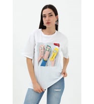 Bisiklet Yaka Terlik Baskılı T-shirt - Beyaz