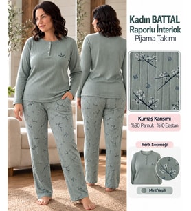LANA Kadın Battal Pamuk Likralı Raporlu İnterlok Kışlık Pijama Takımı 245/18 - 1 Adet