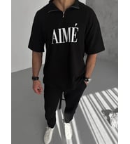 ERKEK Tişört Yakalı Yarım Fermuarlı Kısa Kol Baskılı T-Shirt - Siyah