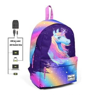 Coral High Renkli Unicorn Desenli Sırt Çantası - Okul ve Günlük - USB+AUX Soketli