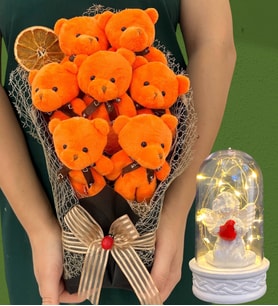 Büyük Boy 7'li Peluş Ayıcık Buketi ve Led Işıklı Beyaz Melekli Fanus (Model 4)