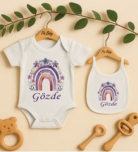 Pia Baby Premium %100 Pamuk İsme Özel Organik Baskılı Çıtçıtlı Bebek Body Ve Önlük 5062-20 (Ekru)