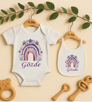 Pia Baby Premium %100 Pamuk İsme Özel Organik Baskılı Çıtçıtlı Bebek Body Ve Önlük 5062-20 (Ekru)