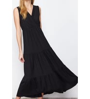 Moda Stil Kloş Kruvaze Maxi Boy Siyah V Yaka Kolsuz A-Line Örme Elbise