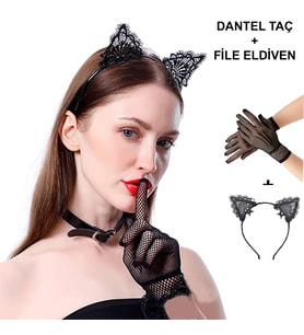 Siyah Kedi Dantel Taç + Eldiven Seti - Parti, Dans ve Kostüm Kombini (4767)