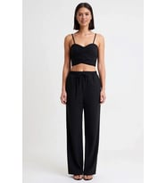 Kadın Büyük Beden İnce Askılı Kalp Yaka Büzgülü Crop Top Uzun Pantolon Plaj Takımı Günlük Rahat