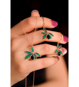 925 Ayar Gümüş Rose Kaplama Oniks Taşlı Zeytin Dalı Set