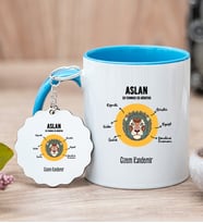 Kişiye Özel Aslan Burcuna Hediye Mavi Kupa Bardak ve Anahtarlık