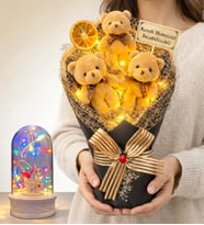 Size Özel Büyük Boy Işıklı Peluş Ayıcık Buketi ve Renkli Işıklı Biblolu Fanus Hediye Seti (Model 5)