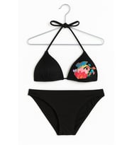 Kadın Siyah Üçgen Bikini Takımı – Renkli Çiçek Baskılı Üst, Sade Siyah Alt 1001-47