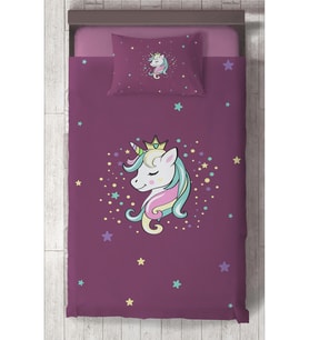 MEKTA HOME BEBEK VE ÇOCUK ODASI Renkli Unicorn Desenli Mor Yatak Örtüsü