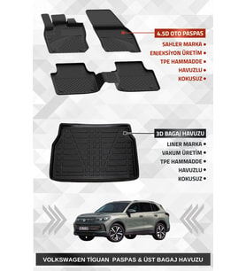 Sahler Volkswagen Tiguan 2024+ Uyumlu 4.5d Premium Havuzlu Paspas ve Liner Marka 3D ÜST Bagaj Havuzu