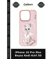 iPhone 16 Pro Max Beyaz Kedi Kılıf 3D Cep Aksesuarı Koruyucu Mobil Kap