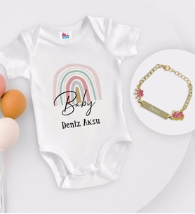 BK Kids Kişiye Özel Baby Tasarımlı Beyaz Bebek Body Zıbın ve Kız Bebek Künyesi Hediye Seti-1