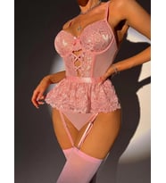 Amora Secret Pembe Dantel İşlemeli Kalp Desenli Fantezi Jartiyer Takımı