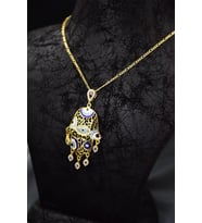 925 Ayar Gümüş Gold Kaplama Zirkon Mor Taşlı Nazar Gözlü Mineli Fatma Eli Kolye